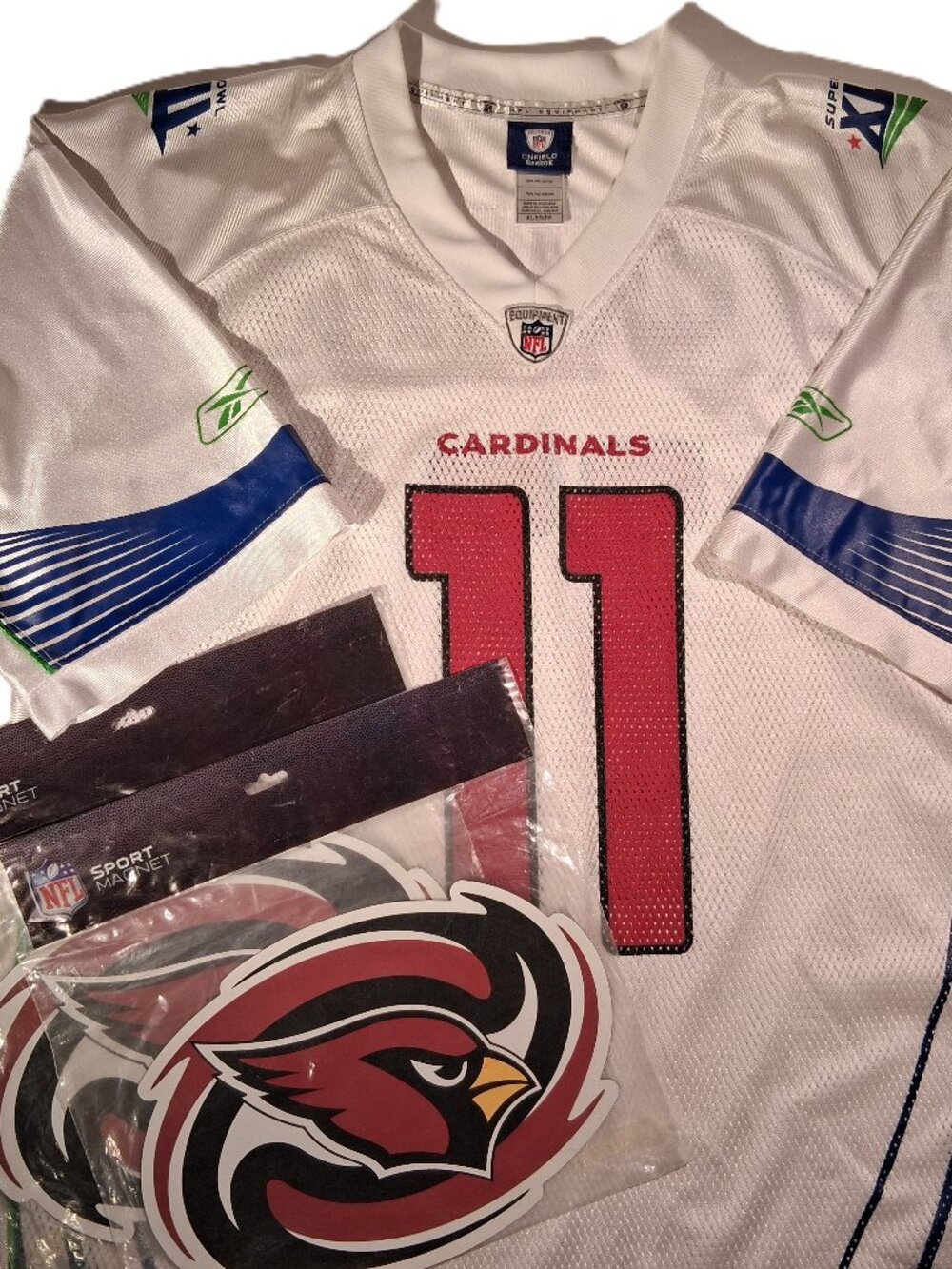 ARIZONA CARDINALS Jersey and Magnets XL #11 Fitzgerald White Superbowl XLIII